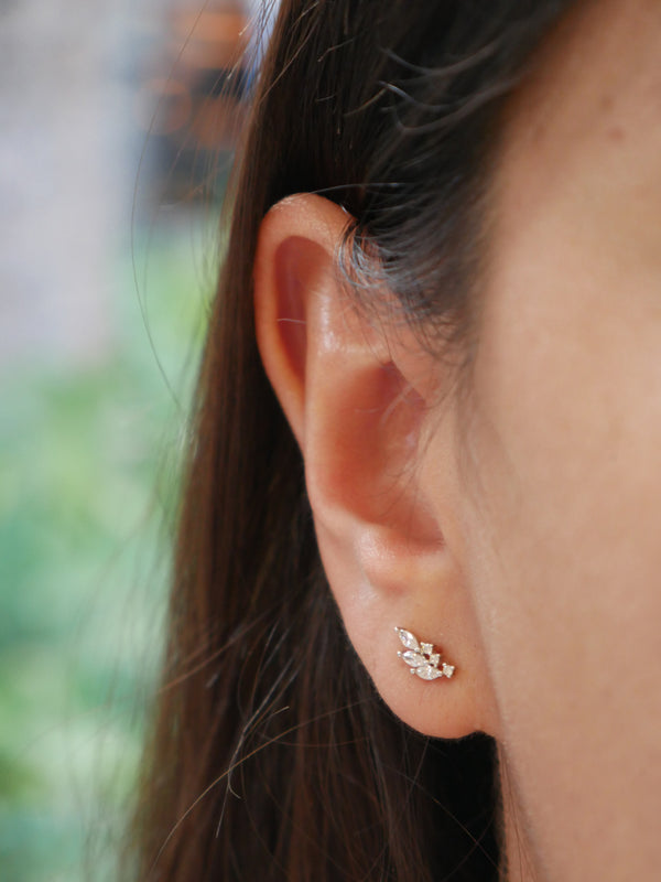 earrings, studs, stud earrings, earrings with rhinestones,  gold plated, nickel free, rhinestone, diamond cz, cubic zircon*, for sensitive ears, cartilage earrings, second piercing stud earrings, .925 designer luxury stud earrings, wont tarnish, waterproof studs, unisex, feather earrings, leaf earrings with diamond cz, dainty, popular, jewelry gift ideas, Kesley Boutique