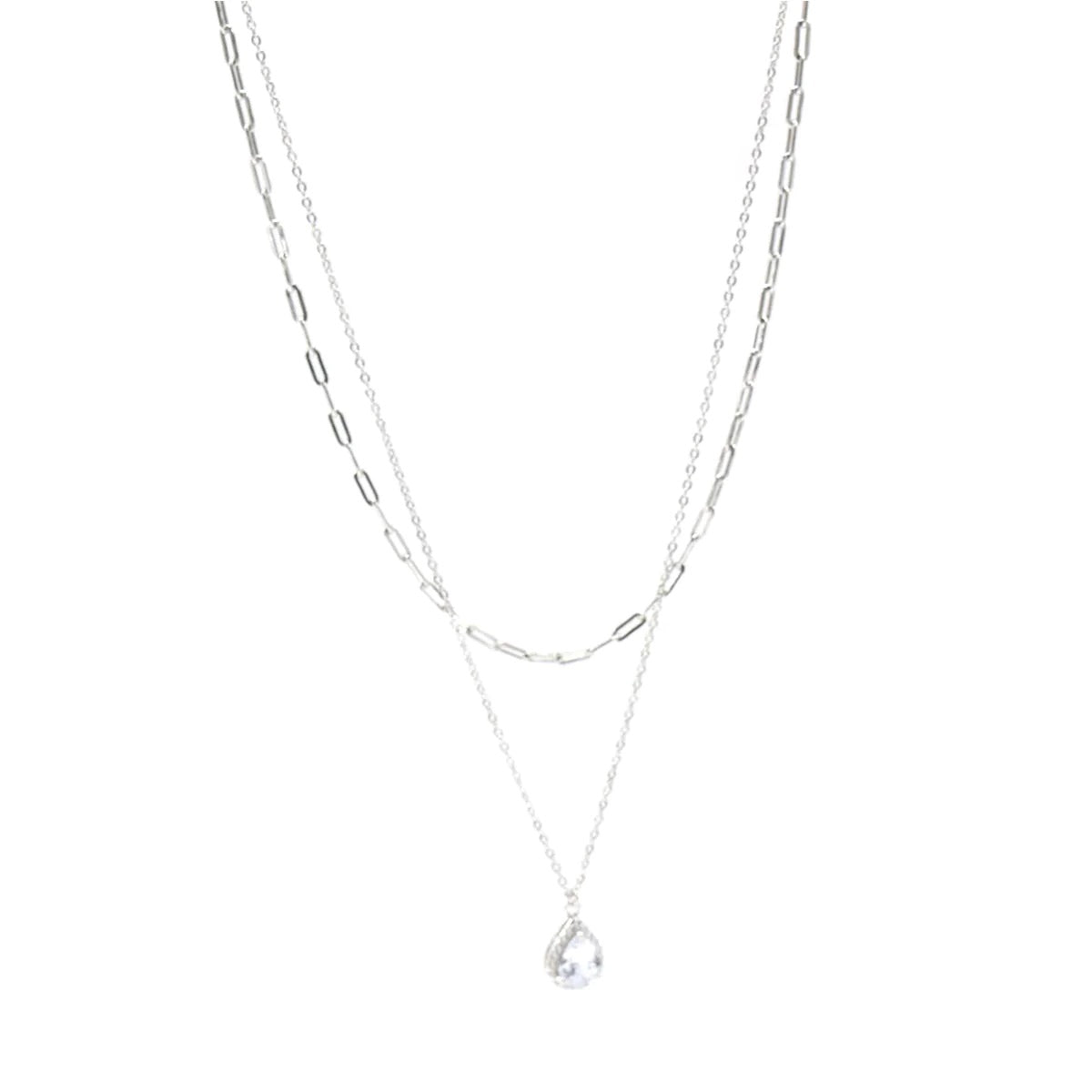 Waterdrop Diamond Halo CZ  Stacked On Paper Clips .925 Sterling Silver Layered Everyday Necklace