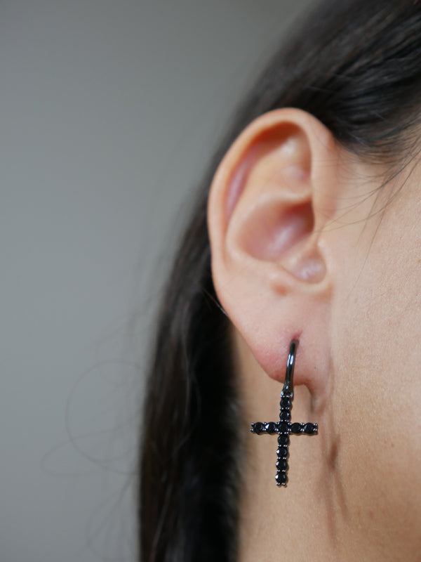 earrings, cross earrings, black cross earrings, hoop cross earrings, black rhinestone earrings, black diamond earrings, black hoop earrings, .925 sterling silver waterproof, black diamond, black rhinestones, cz, simulated diamonds, rhinestone, luxury, designer, huggies, trending on instagram and tiktok, dangling earrings, festival fashion earrings, gift ideas, cool jewelry, black earrings, cool earrings 